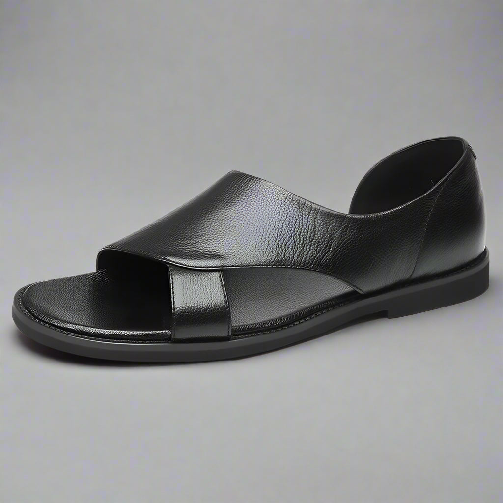 Abu Dhabi - Black Leather Sandals for Men Covered Heel Slip-On