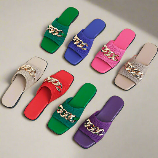 Women's flat slippers with fashionable iron chains comfortable anti slip rubber soles 2024 new model