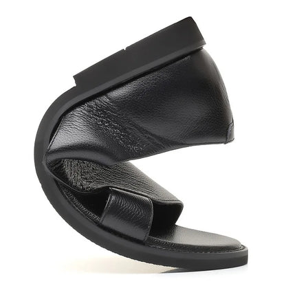 Abu Dhabi - Black Leather Sandals for Men Covered Heel Slip-On