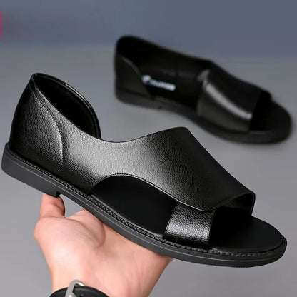 Abu Dhabi - Black Leather Sandals for Men Covered Heel Slip-On