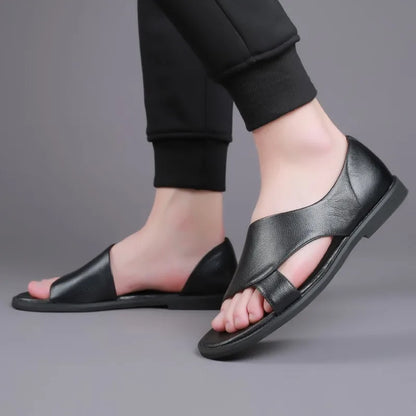 Abu Dhabi - Black Leather Sandals for Men Covered Heel Slip-On
