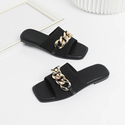 Women's flat slippers with fashionable iron chains comfortable anti slip rubber soles 2024 new model