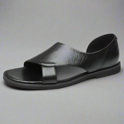 Abu Dhabi - Black Leather Sandals for Men Covered Heel Slip-On