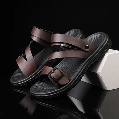 Sidon – Men's Black Roman-Style Leather Sandals | Non-Slip, Lightweight & Breathable